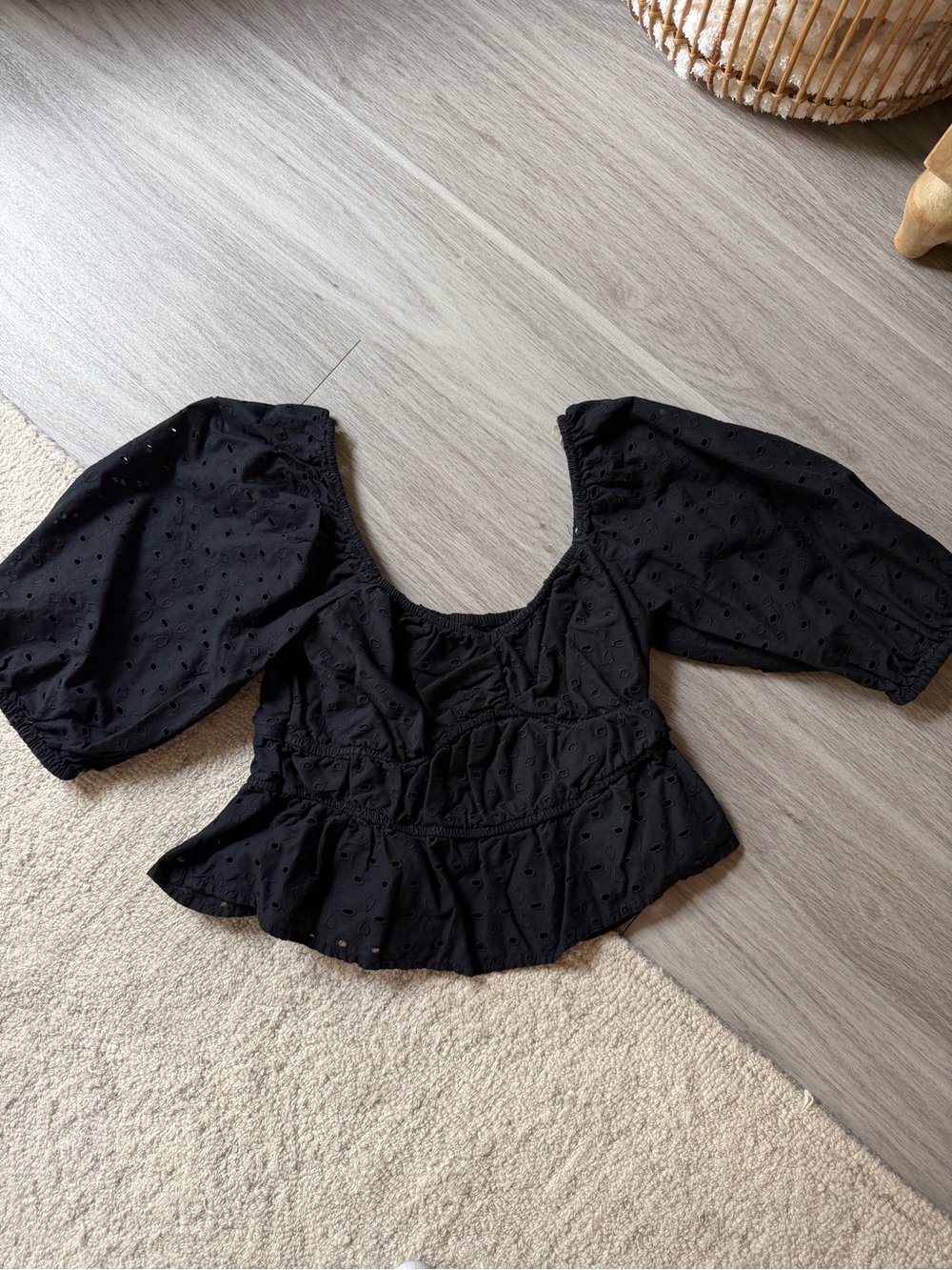 a new day Black Puff Sleeve Eyelet Peplum Blouse